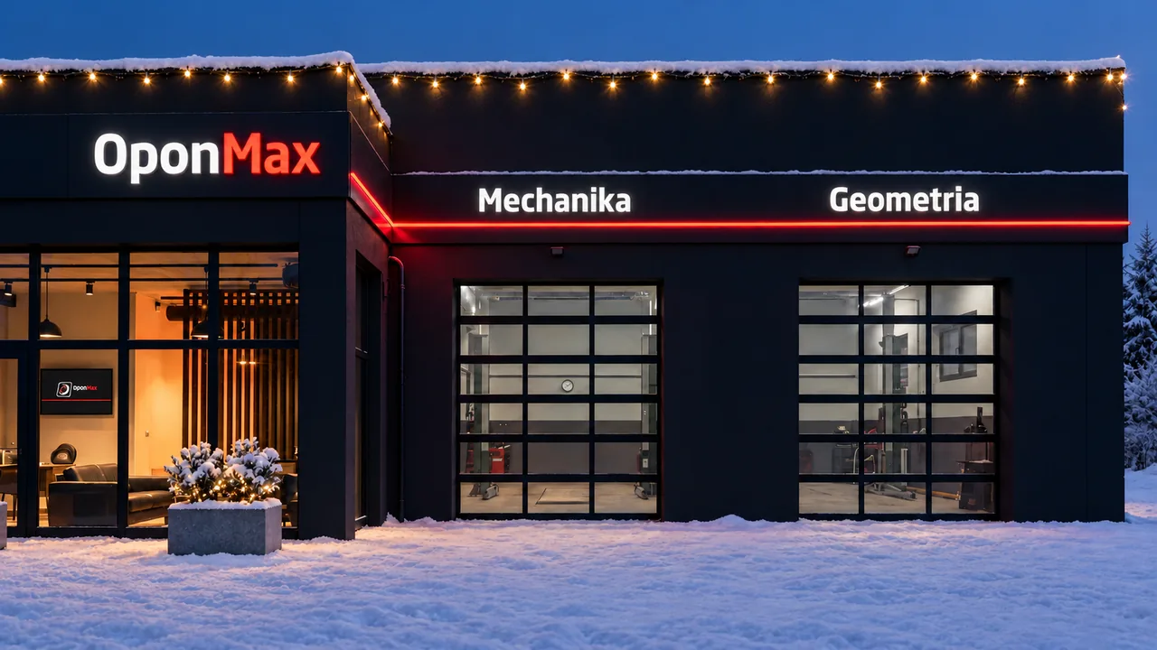 Budynek serwisu OponMax zimą o zmierzchu: śnieg przed wejściem, lampki świąteczne na krawędzi dachu, szyld OponMax, napisy Mechanika i Geometria oraz czerwona linia LED